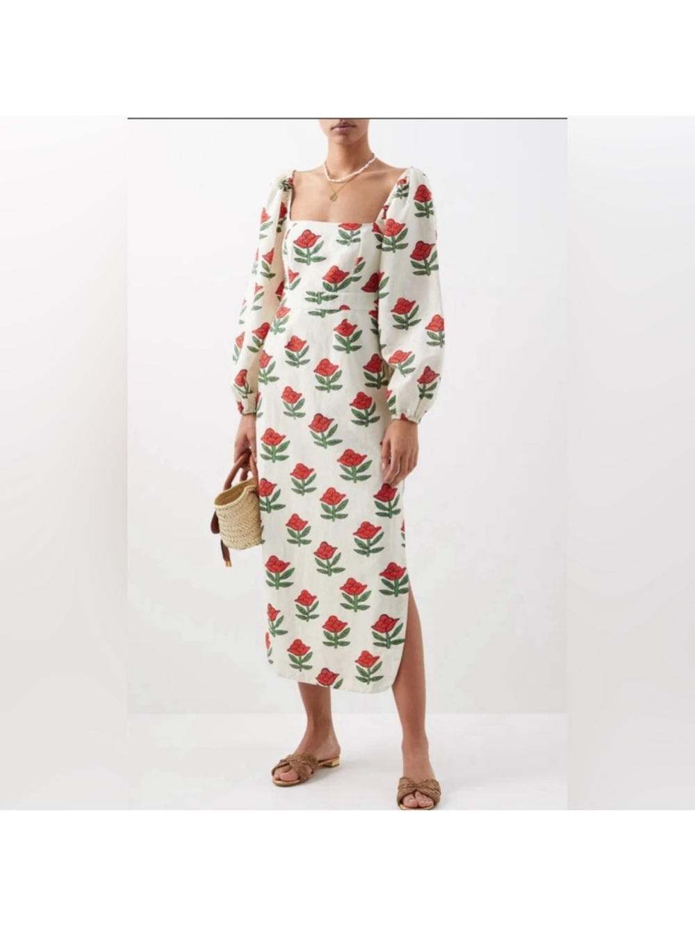 RHODE Lottie Midi Dress with Red and Green Rose Print 4